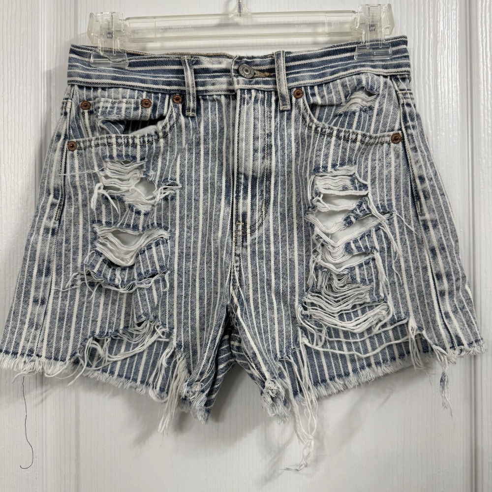 American Eagle 90's Boyfriend Blue Denim Short Distressed Stripes Size 00‎